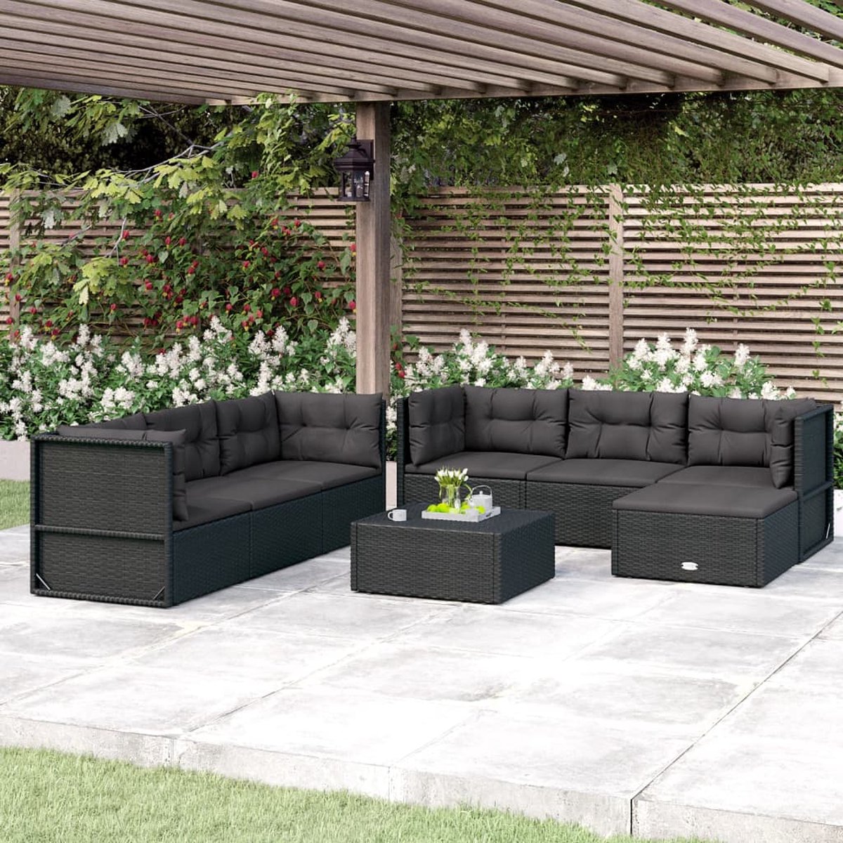 Vidaxl 7-delige Loungeset Met Kussens Poly Rattan - Zwart