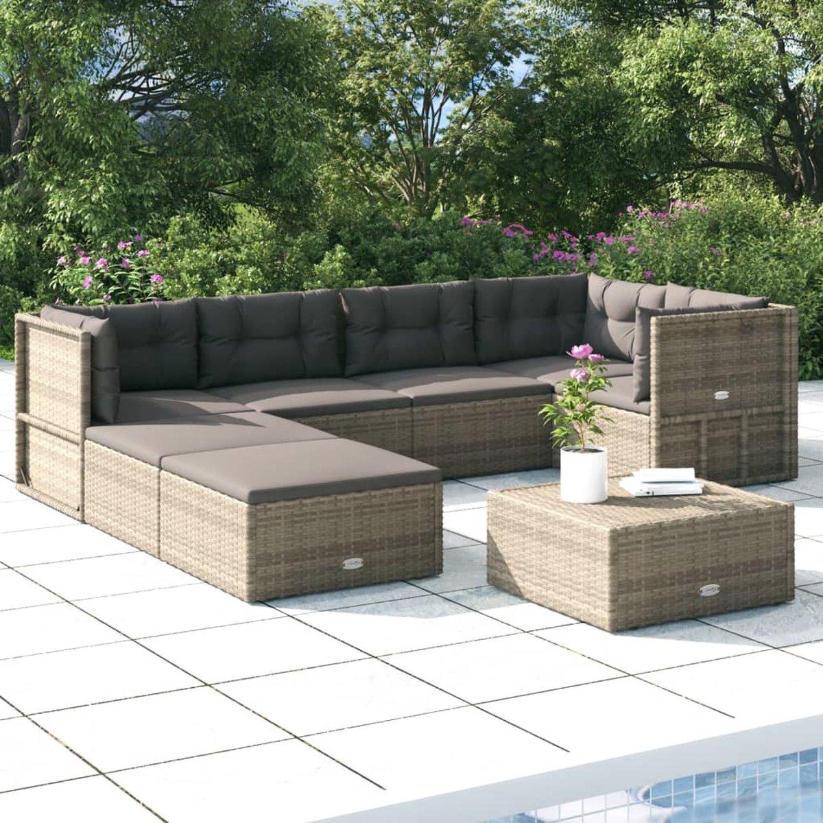 Vidaxl 7-delige Loungeset Met Kussens Poly Rattan - Grijs