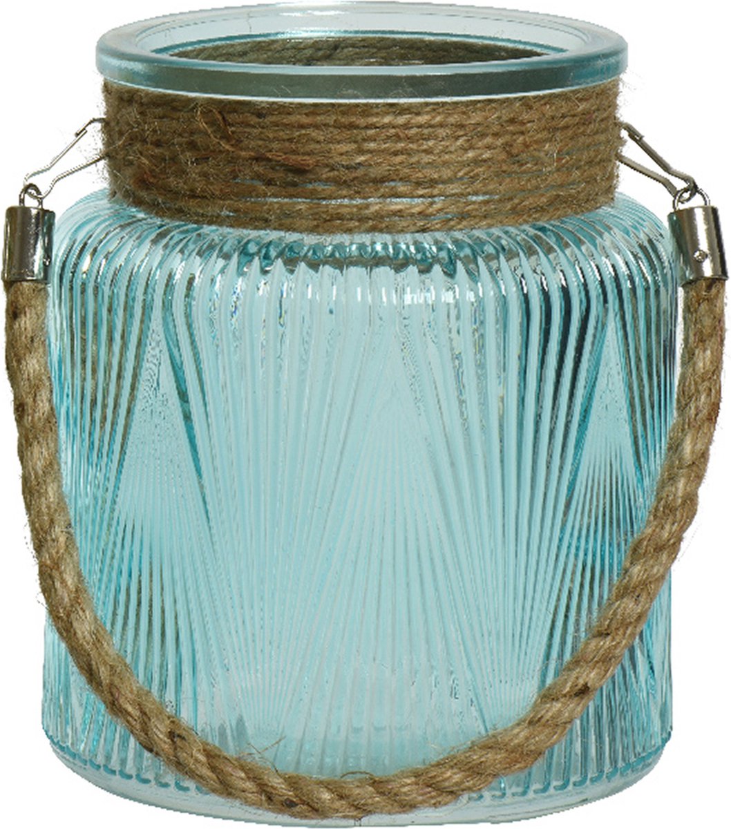 Lumineo 2x Stuks Windlichten/lantaarns Relief - Glas - D14 X H16 Cm - Lichtblauw - Windlichten