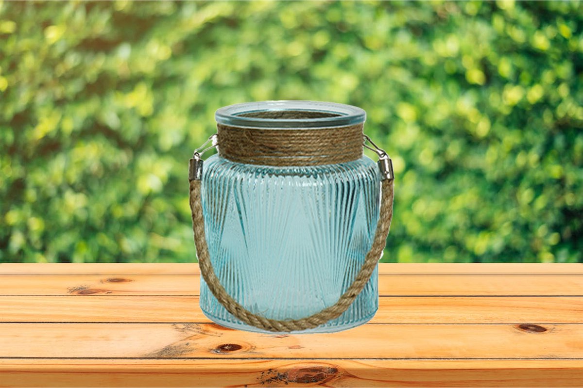 Lumineo 2x Stuks Windlichten/lantaarns Relief - Glas - D14 X H16 Cm - Lichtblauw - Windlichten