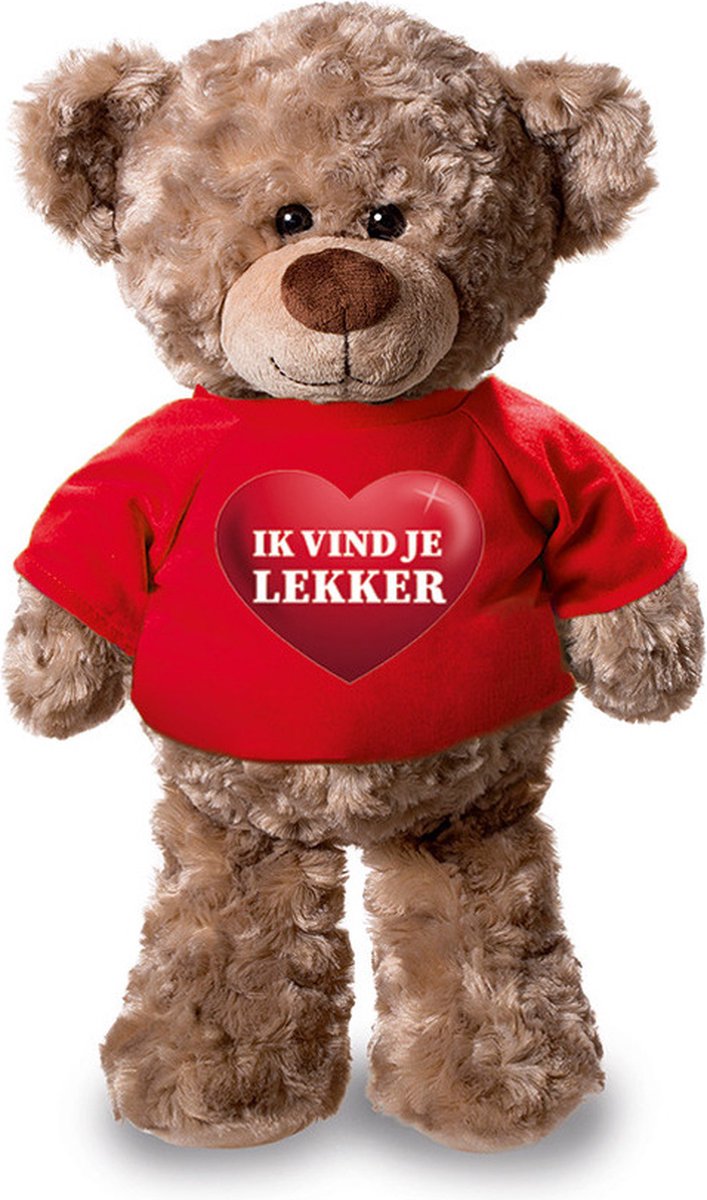 Bellatio Decorations Knuffel Teddybeer Met Ik Vind Je Lekker Hartje Shirt Rood 24 Cm - Knuffelberen - Bruin