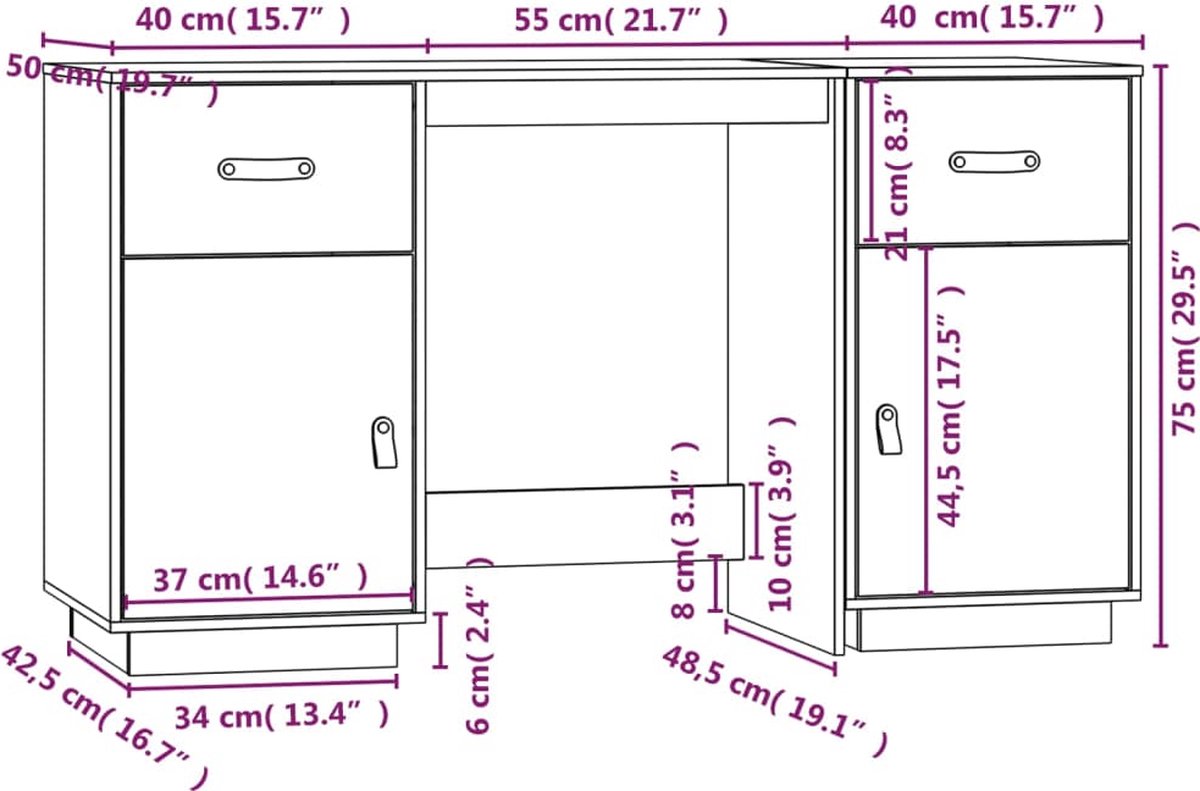 Vidaxl Bureau Met Kastjes 135x50x75 Cm Massief Grenenhout - Zwart