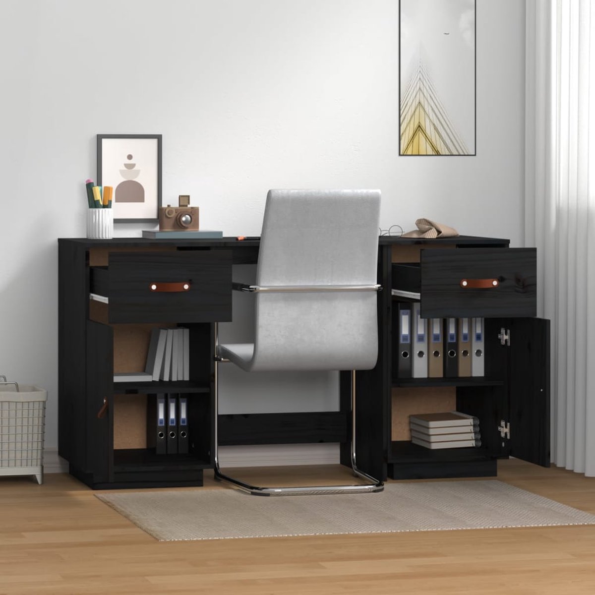 Vidaxl Bureau Met Kastjes 135x50x75 Cm Massief Grenenhout - Zwart