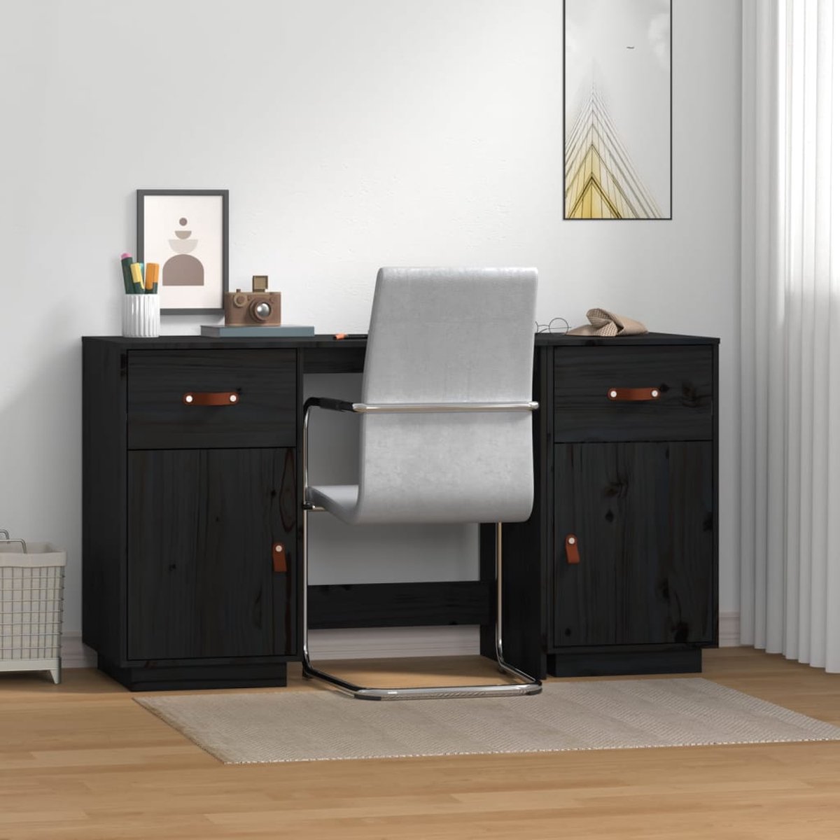 Vidaxl Bureau Met Kastjes 135x50x75 Cm Massief Grenenhout - Negro