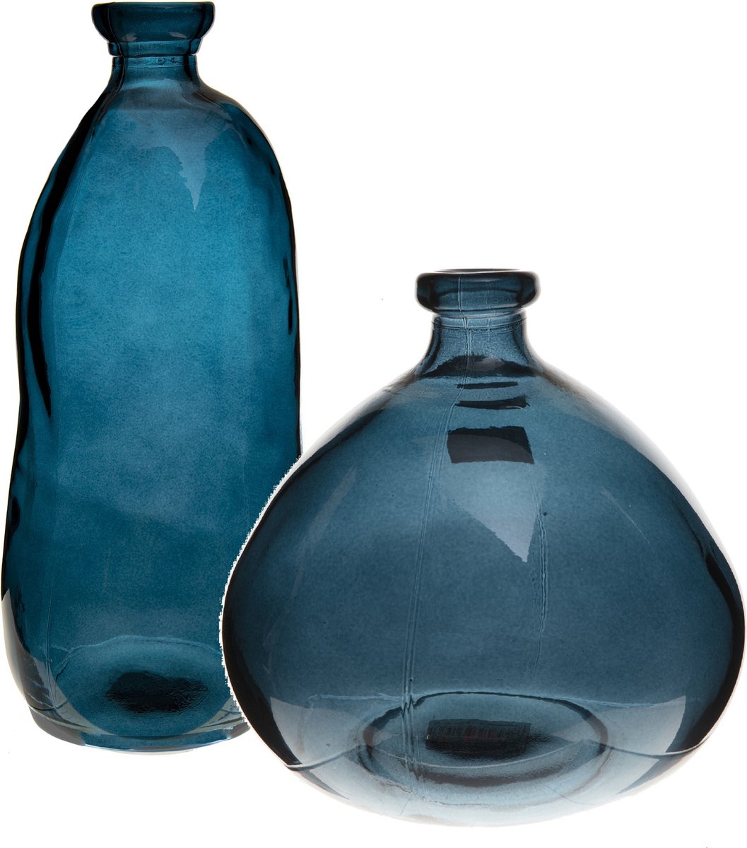 Bloemenvazen Set - 2x - Organische Fles Vorm Transparant - Glas - Vazen - Blauw