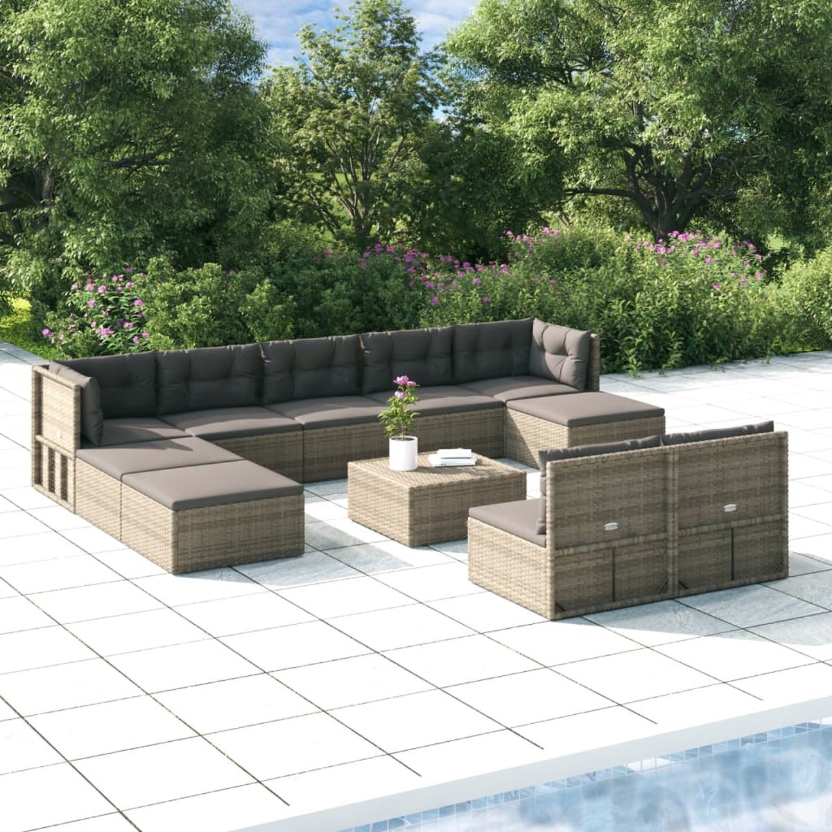 Vidaxl 10-delige Loungeset Met Kussens Poly Rattan - Grijs