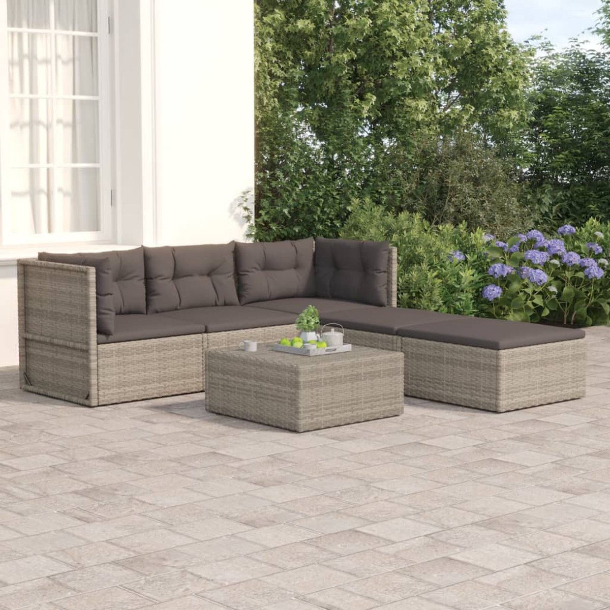 Vidaxl 5-delige Loungeset Met Kussens Poly Rattan - Grijs