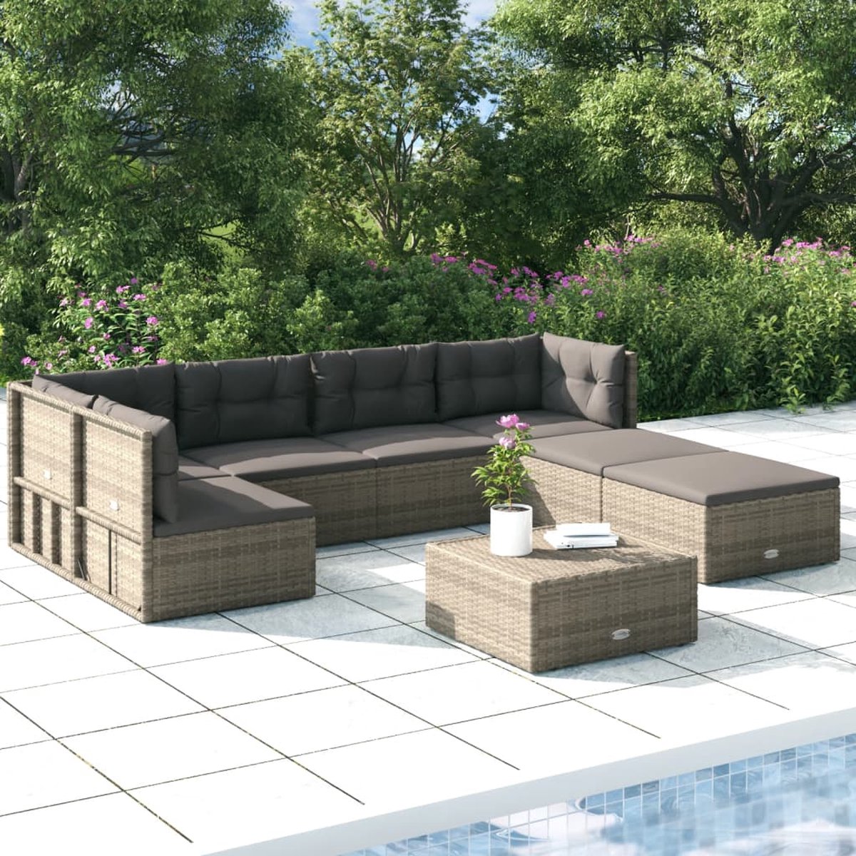 Vidaxl 7-delige Loungeset Met Kussens Poly Rattan - Grijs