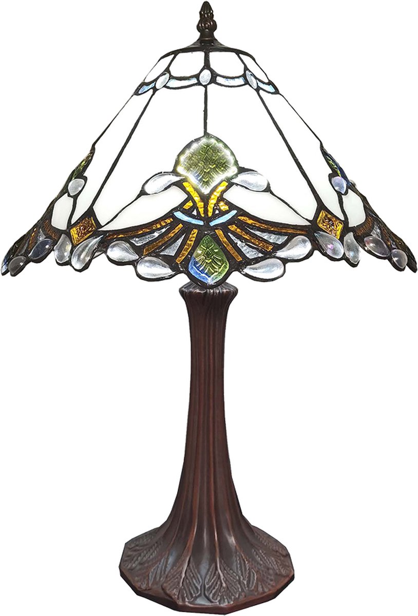 HAES deco - Tiffany Tafellamp Wit, Bruin, Groen Ø 31x49 Cm Fitting E27 / Lamp Max 1x40w