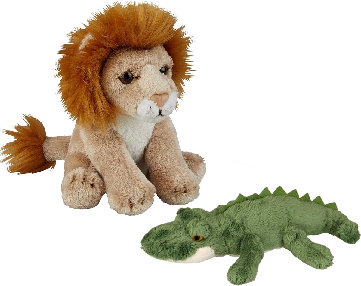 Safari Dieren Serie Pluche Knuffels 2x Stuks - Krokodil En Leeuw Van 15 Cm - Knuffeldier - Grijs
