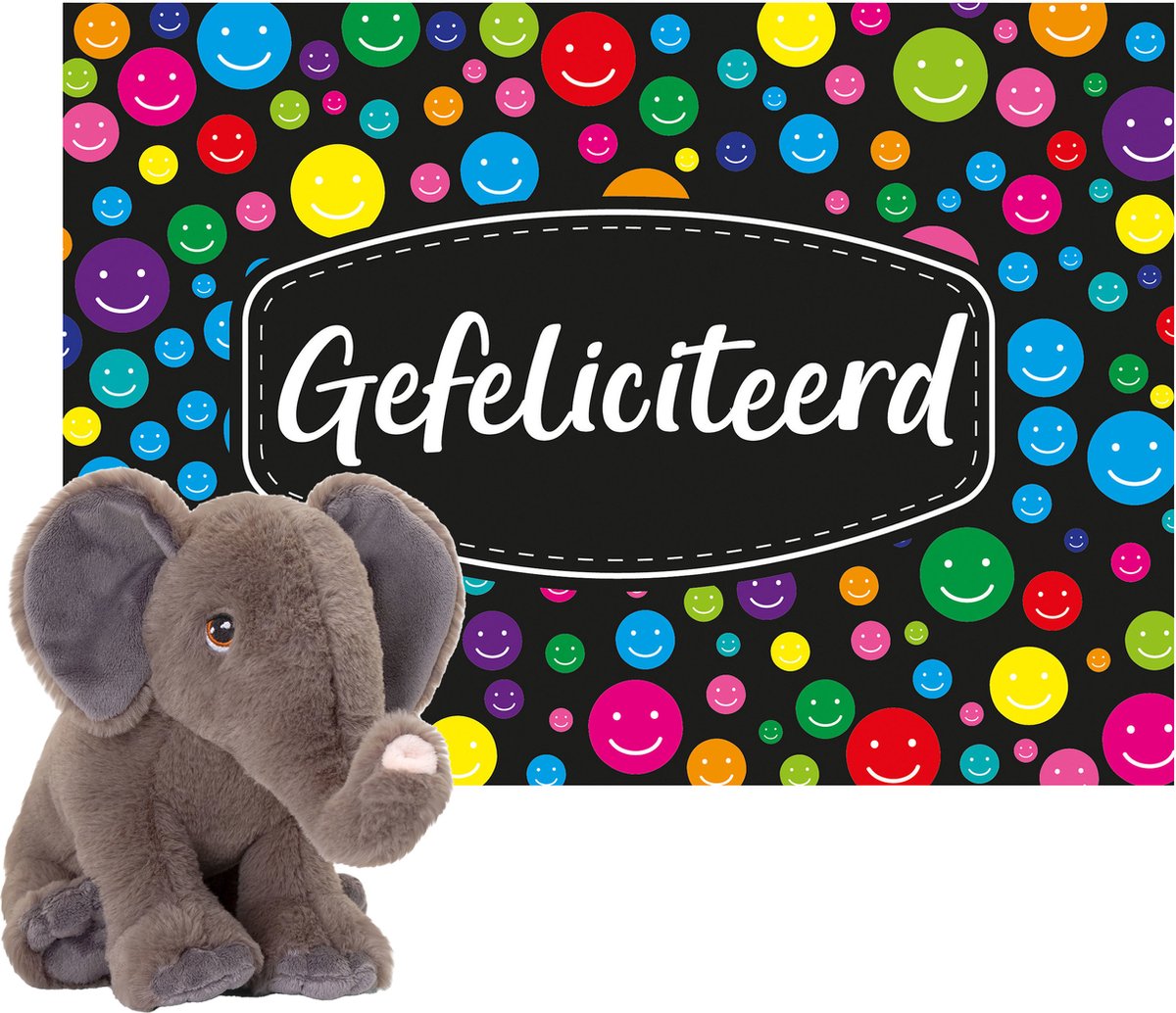 Keel Toys - Cadeaukaart Gefeliciteerd Met Knuffeldier Olifant 25 Cm - Knuffeldier