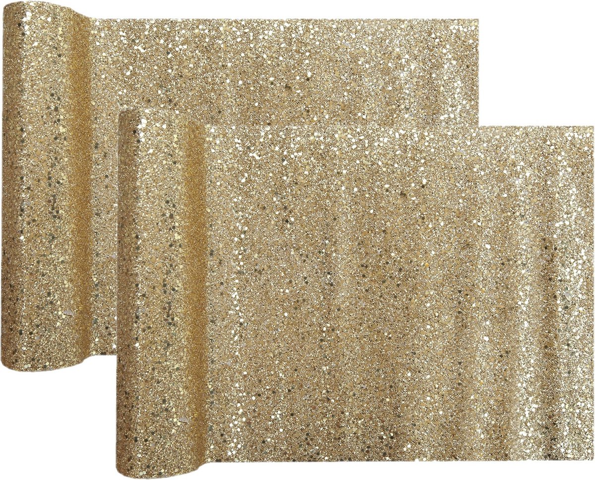 Santex Kerst Thema Tafelloper Op Rol - 2x - Goud Glitter - 28 X 300 Cm - Polyester - Tafellakens