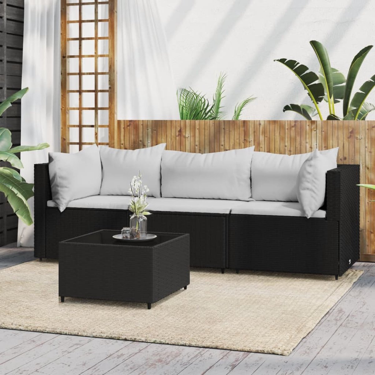 Vidaxl 4-delige Loungeset Met Kussens Poly Rattan - Zwart