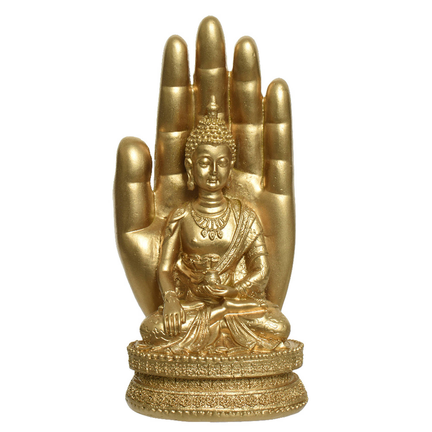 Decoris Boeddha Beeldje In Hand - Kunststeen - Goud - H19,5 Cm - Beeldjes