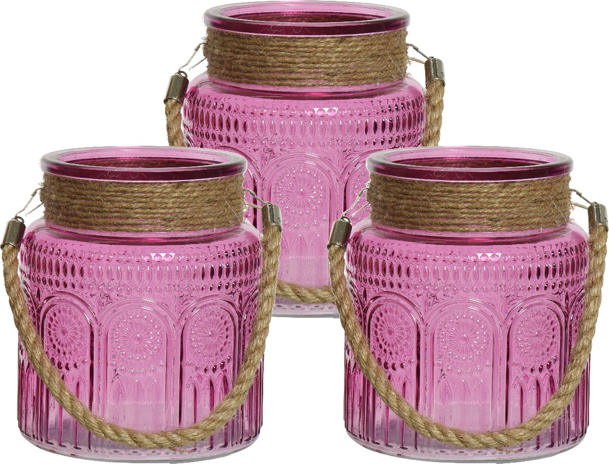 Lumineo 3x Stuks Windlichten/lantaarns Relief - Glas - D14 X H16 Cm - Fuchsia Roze - Windlichten