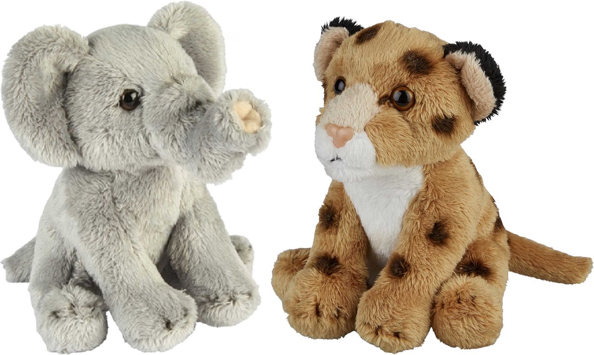 Safari Dieren Serie Pluche Knuffels 2x Stuks - Olifant En Luipaard Van 15 Cm - Knuffeldier - Grijs