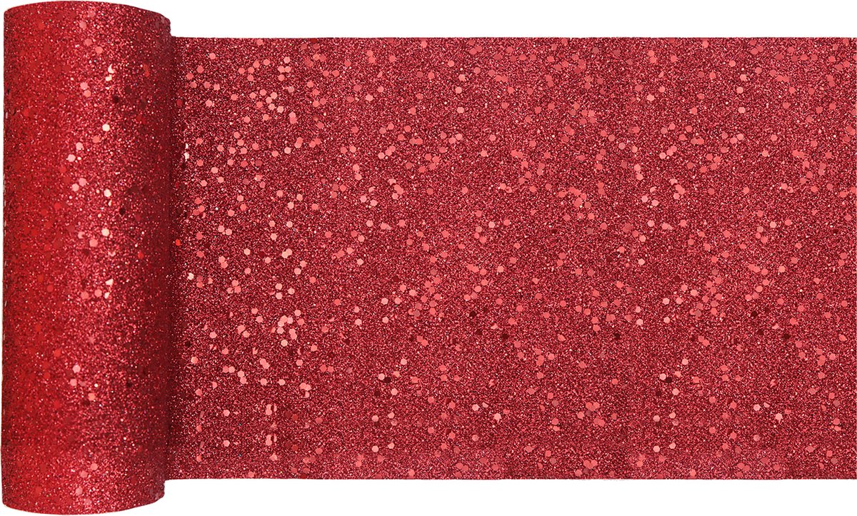 Santex Kerst Thema Tafelloper Op Rol - 2x Glitter - Smal 18 X 500 Cm - Polyester - Tafellakens - Rood