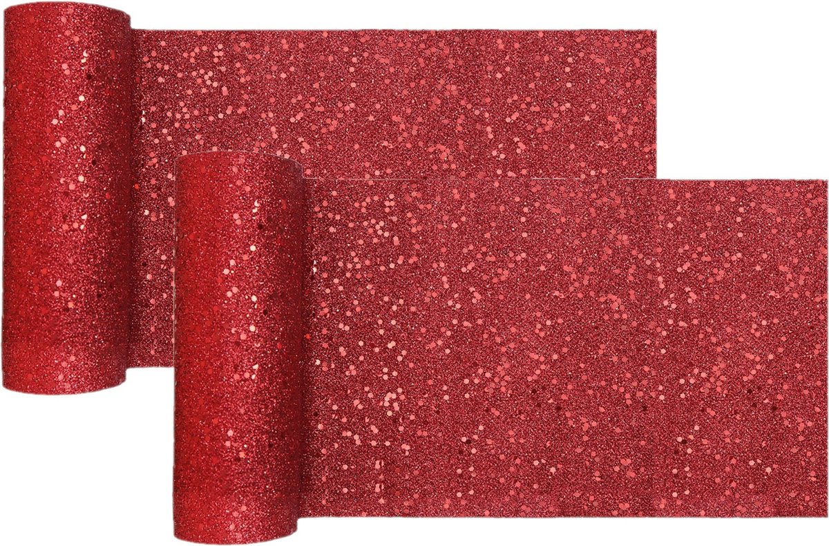 Santex Kerst Thema Tafelloper Op Rol - 2x Glitter - Smal 18 X 500 Cm - Polyester - Tafellakens - Rood