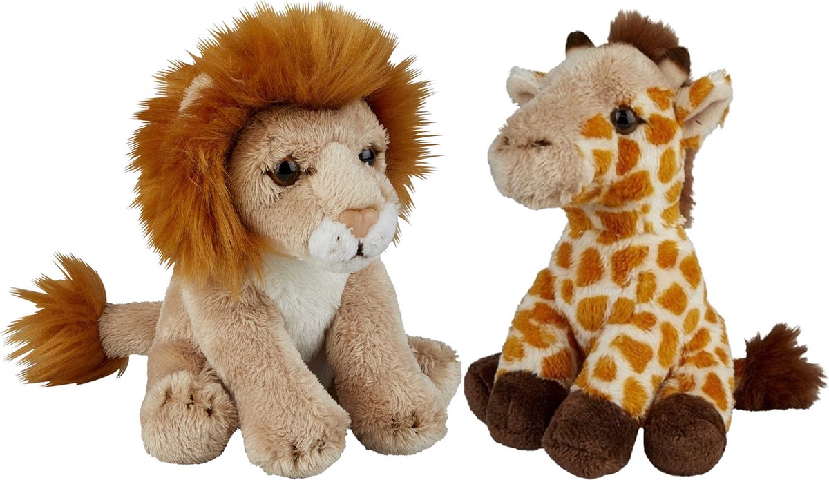 Safari Dieren Serie Pluche Knuffels 2x Stuks - Giraffe En Leeuw Van 15 Cm - Knuffeldier - Grijs