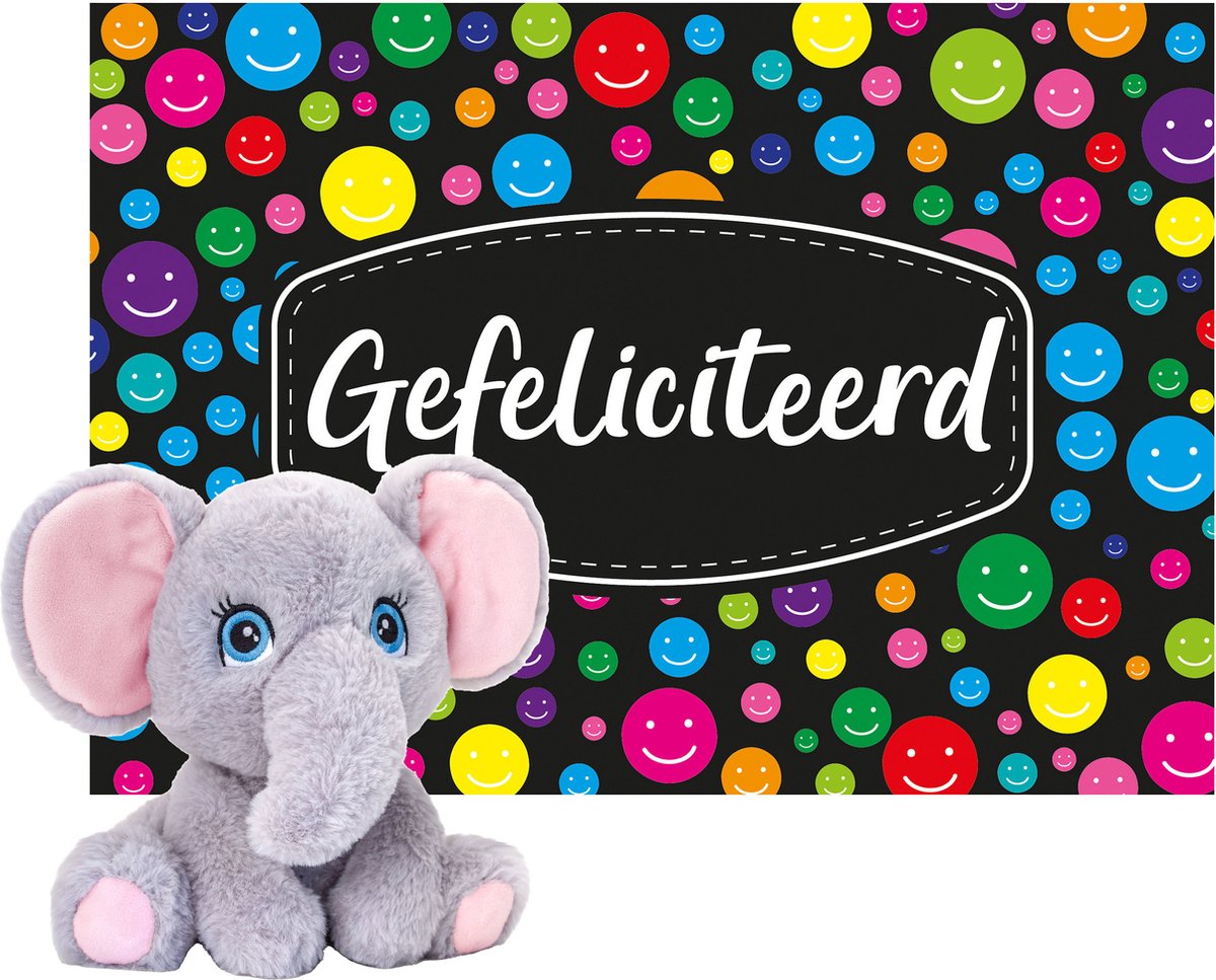 Keel Toys - Cadeaukaart Gefeliciteerd Met Knuffeldier Olifant 25 Cm - Knuffeldier