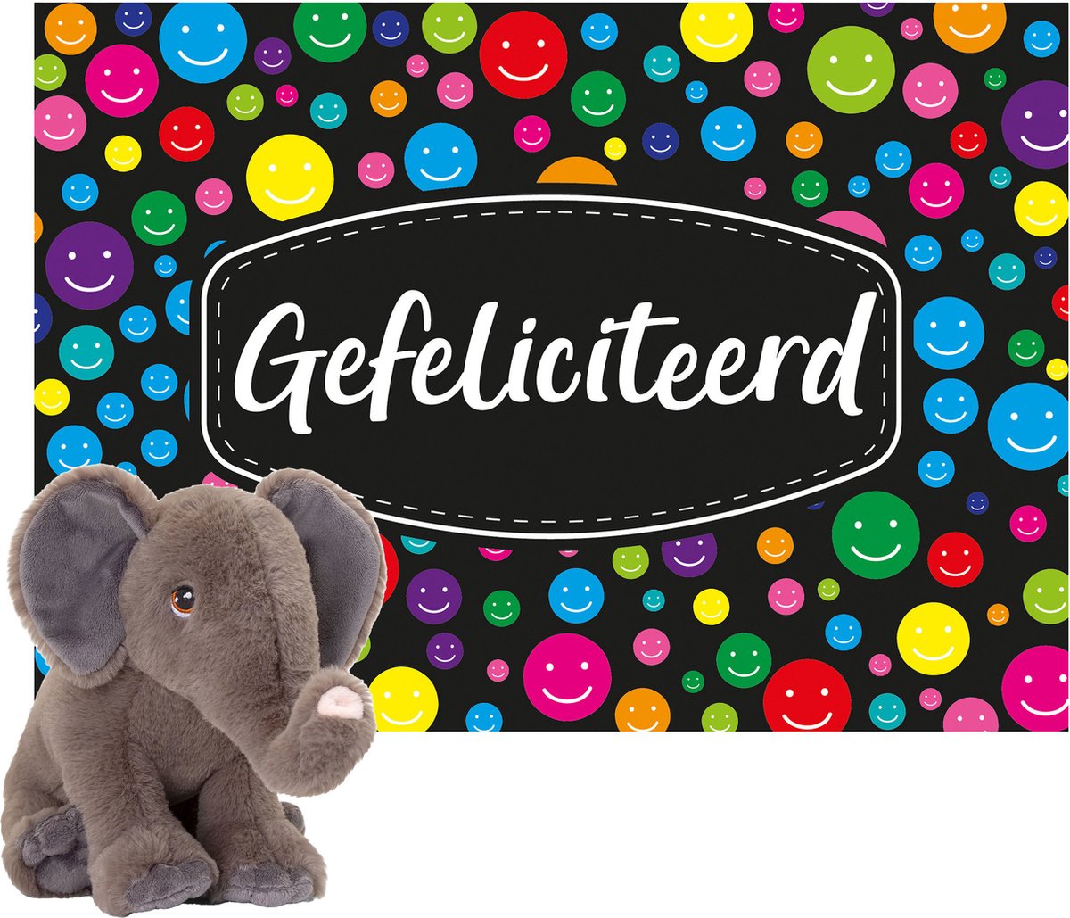 Keel Toys - Cadeaukaart Gefeliciteerd Met Knuffeldier Olifant 18 Cm - Knuffeldier