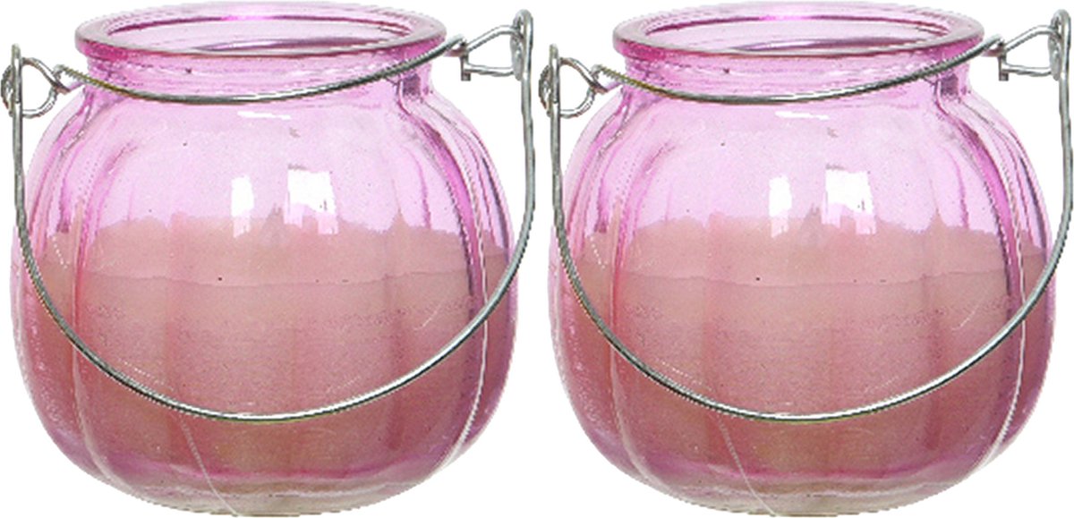 Decoris 2x Citronella Kaarzen - Glas - Anti Muggen - 15 Branduren - D8 X H8 Cm - Geurkaarsen - Roze