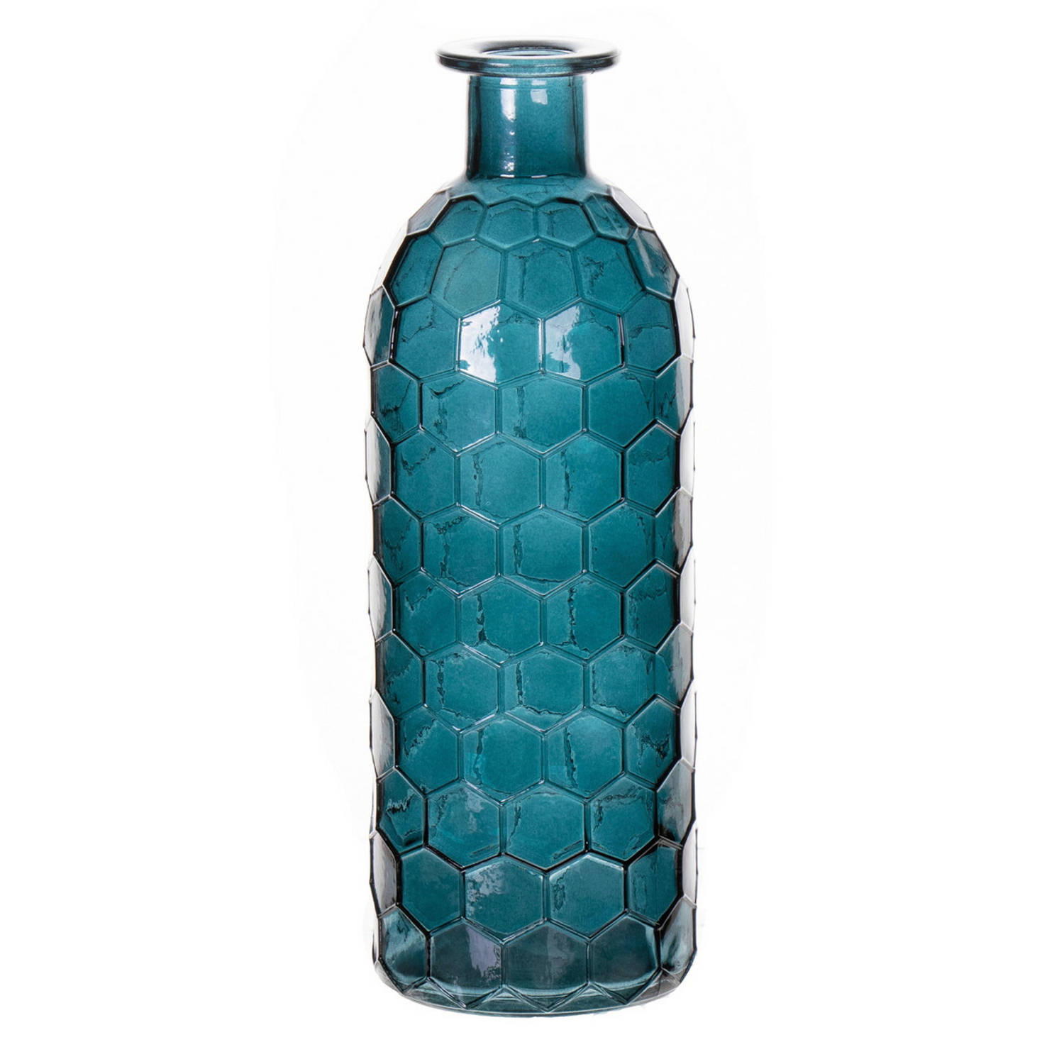 Bellatio Design Bloemenvaas - Petrol - Transparant Glas Honingraat - D7 X H20 Cm - Vazen - Blauw