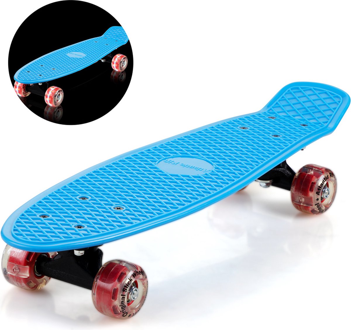 Spielwerk- Skateboard, Penny Board, Blauw/rood, Retro, Led, Met Pu-dempers