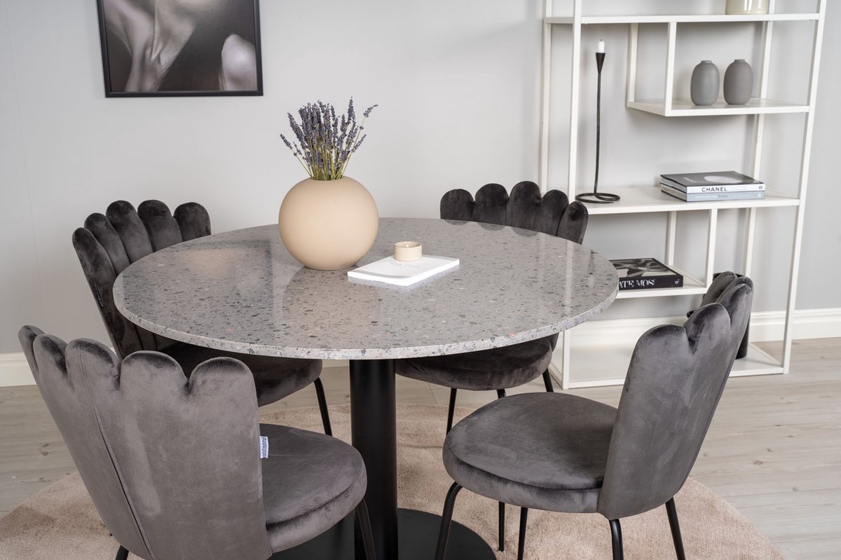 Razziagr Eethoek Eetkamertafel Terazzo Grijs En 4 Limhamn Eetkamerstal Velours Grijs.