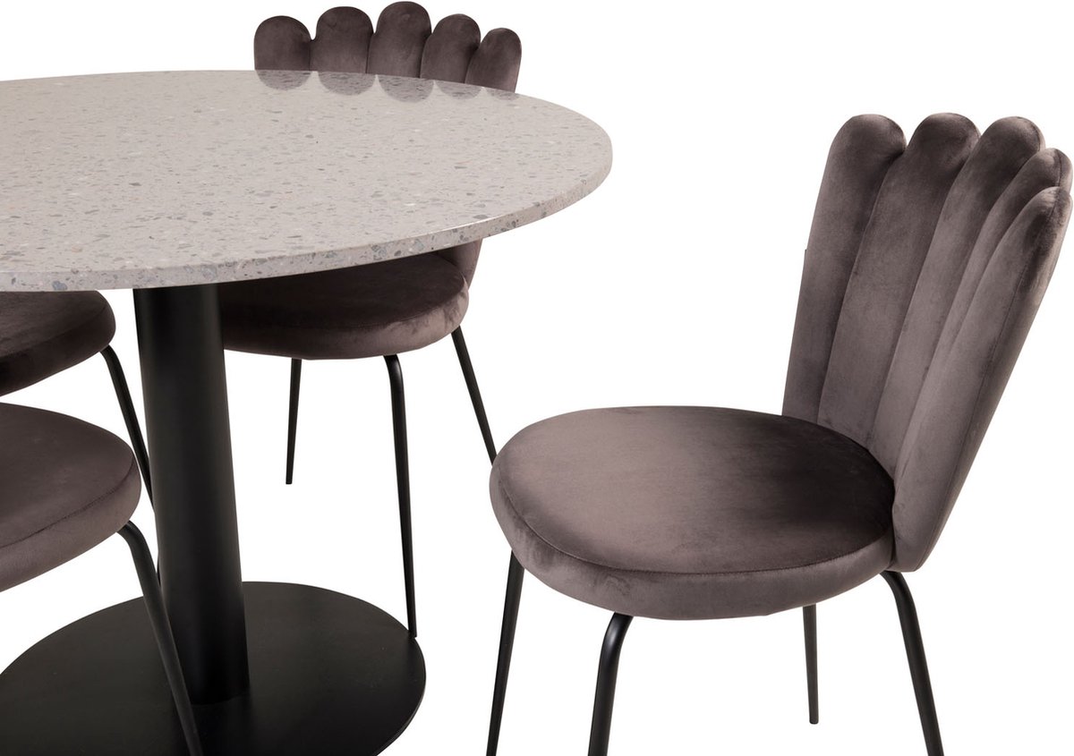 Razziagr Eethoek Eetkamertafel Terazzo Grijs En 4 Limhamn Eetkamerstal Velours Grijs.