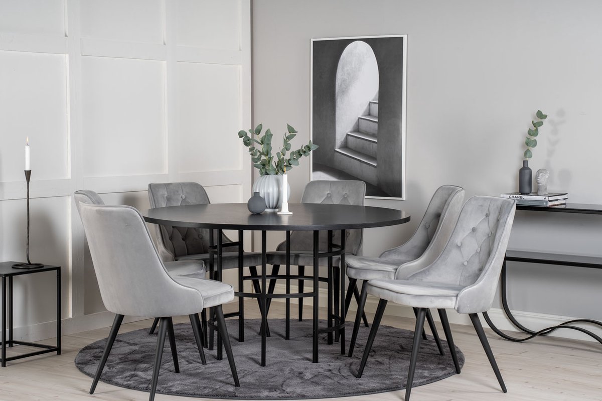 Copenhagen Eethoek Eetkamertafel Bruin En 6 Velvet Deluxe Eetkamerstal Velours Lichtgrijs.