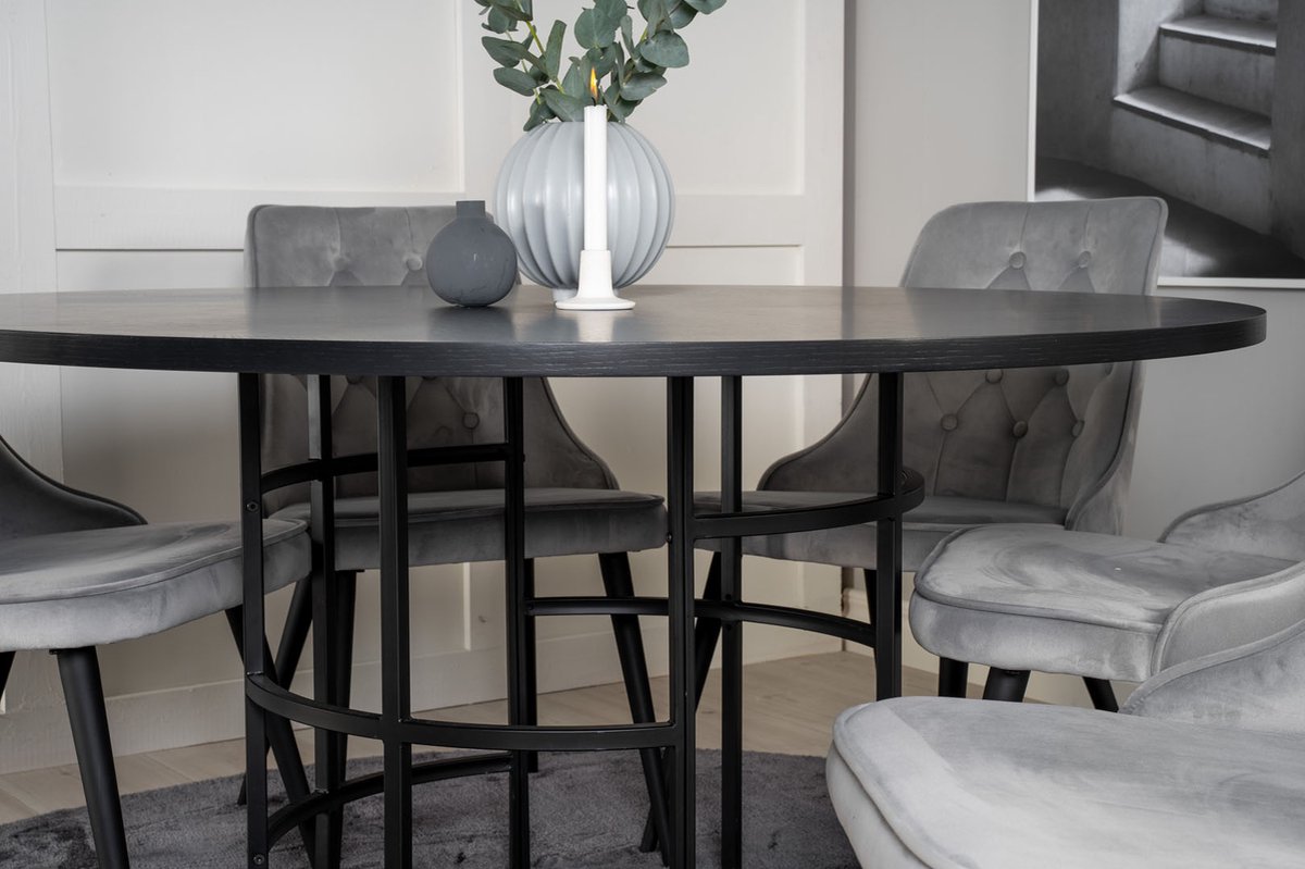 Copenhagen Eethoek Eetkamertafel Bruin En 6 Velvet Deluxe Eetkamerstal Velours Lichtgrijs.