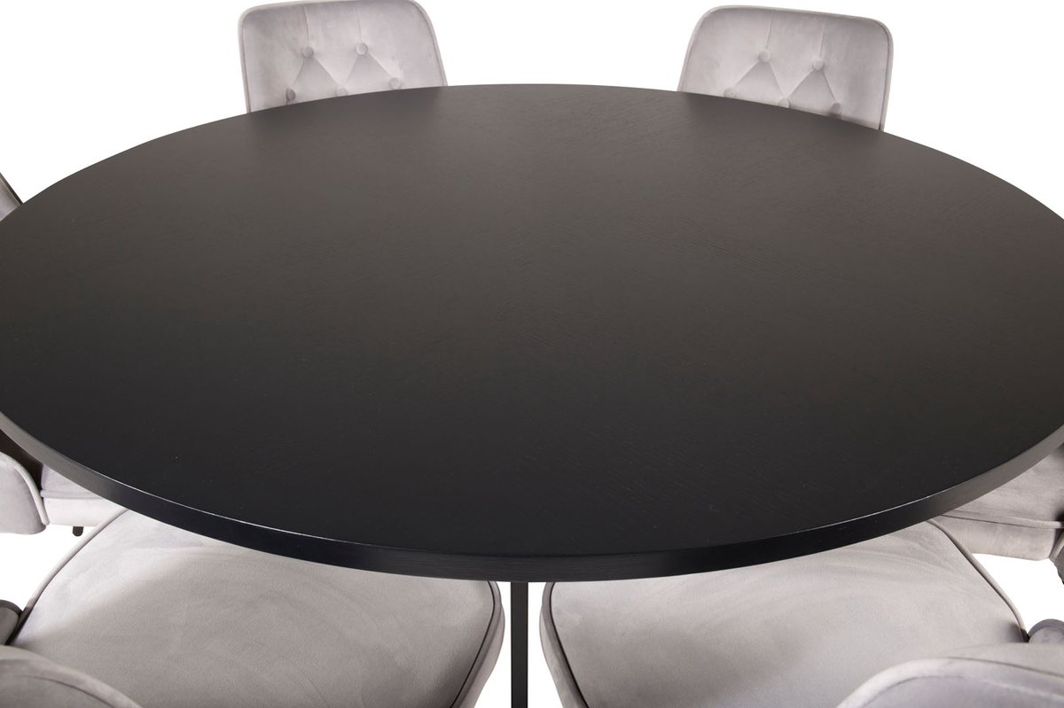 Copenhagen Eethoek Eetkamertafel Bruin En 6 Velvet Deluxe Eetkamerstal Velours Lichtgrijs.