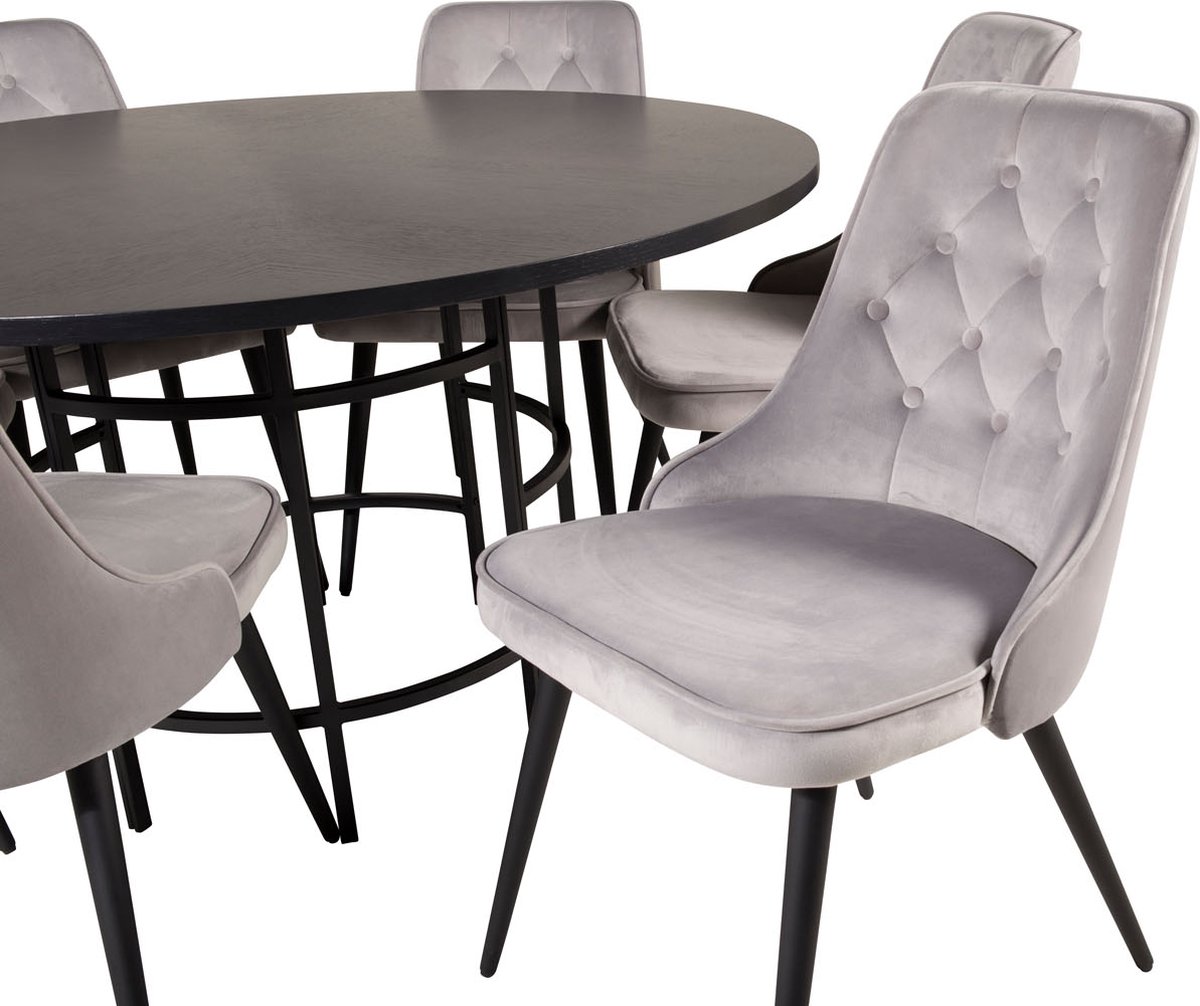Copenhagen Eethoek Eetkamertafel Bruin En 6 Velvet Deluxe Eetkamerstal Velours Lichtgrijs.