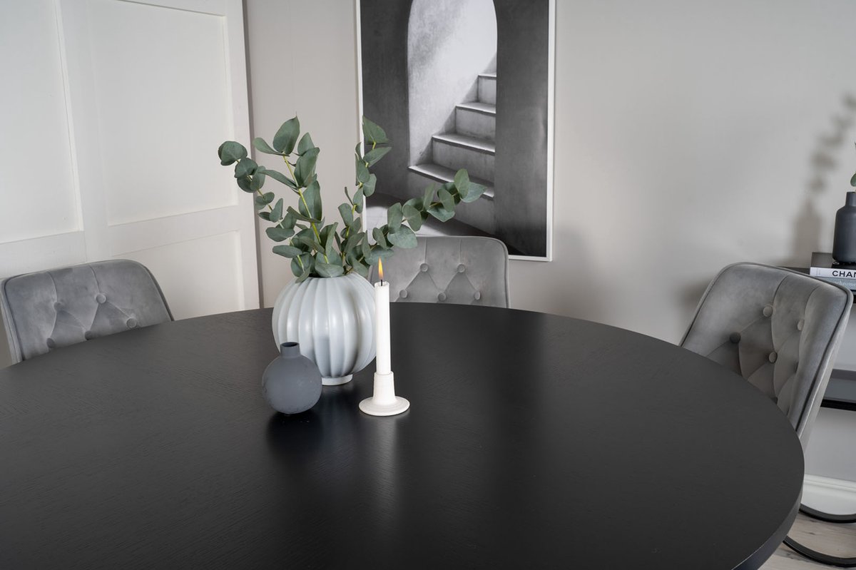 Copenhagen Eethoek Eetkamertafel Bruin En 6 Velvet Deluxe Eetkamerstal Velours Lichtgrijs.