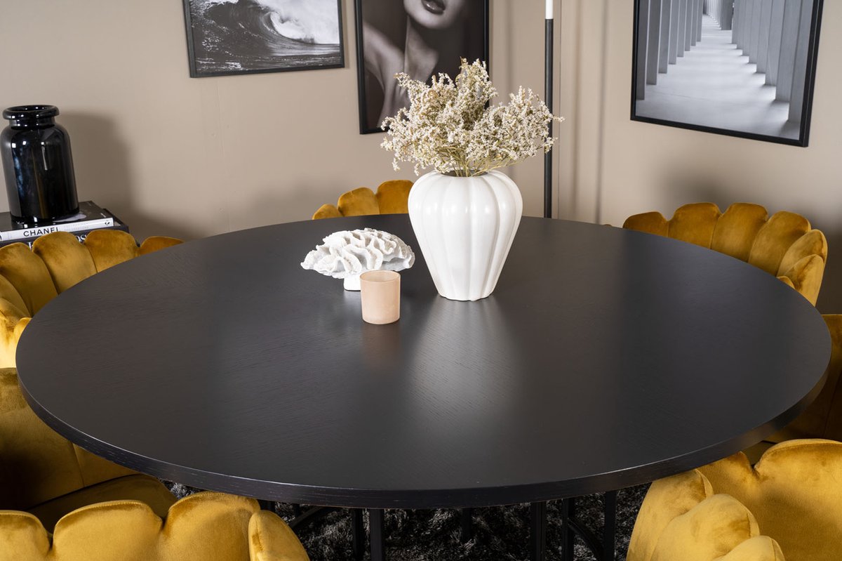 Copenhagen Eethoek Eetkamertafel Bruin En 6 Limhamn Eetkamerstal Velours Geel.