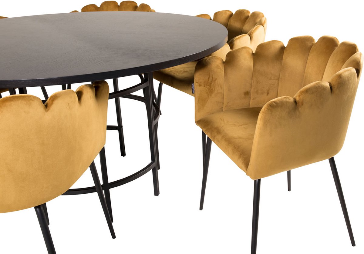 Copenhagen Eethoek Eetkamertafel Bruin En 6 Limhamn Eetkamerstal Velours Geel.