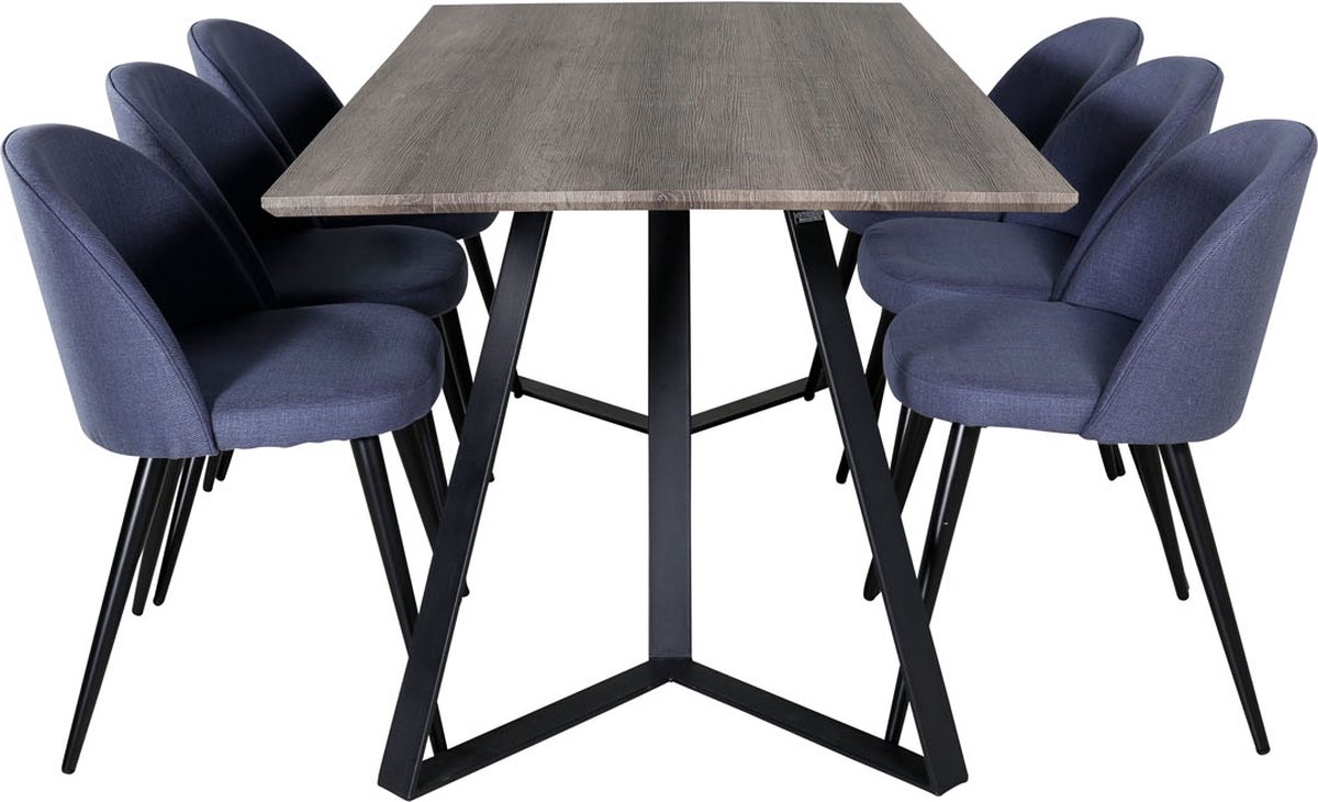 Marinagrbl Eethoek Eetkamertafel El Hout Decor Grijs En 6 Velvet Eetkamerstal Blauw.