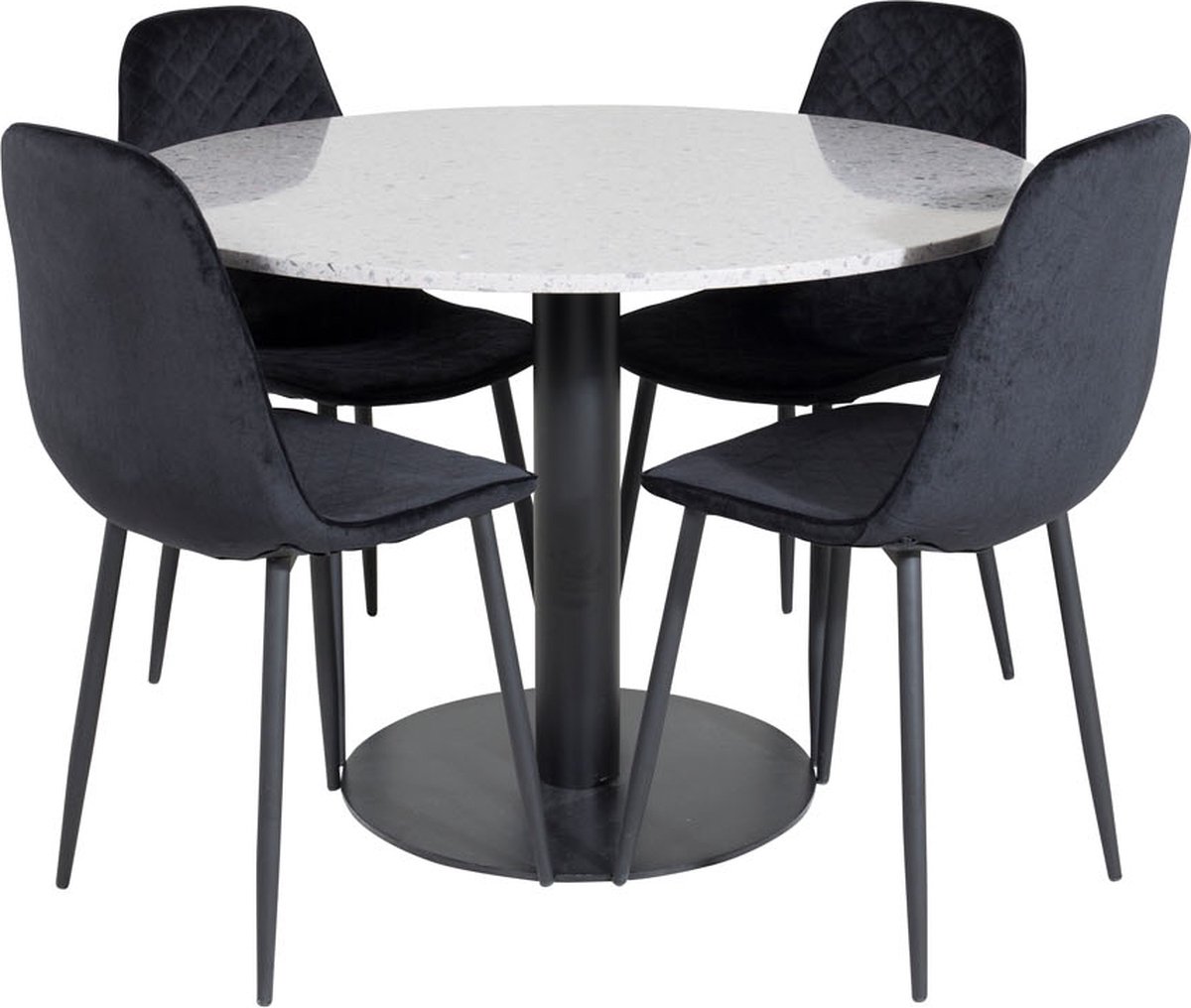 Razziagr Eethoek Eetkamertafel Terazzo Grijs En 4 Polar Diamond Eetkamerstal Velours Zwart.