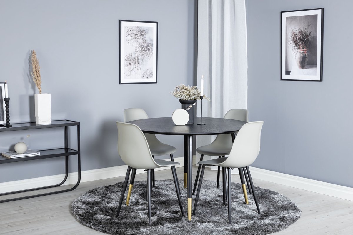 Dippø115blbr Eethoek Eetkamertafel Zwart En 4 Polar Eetkamerstal Grijs.