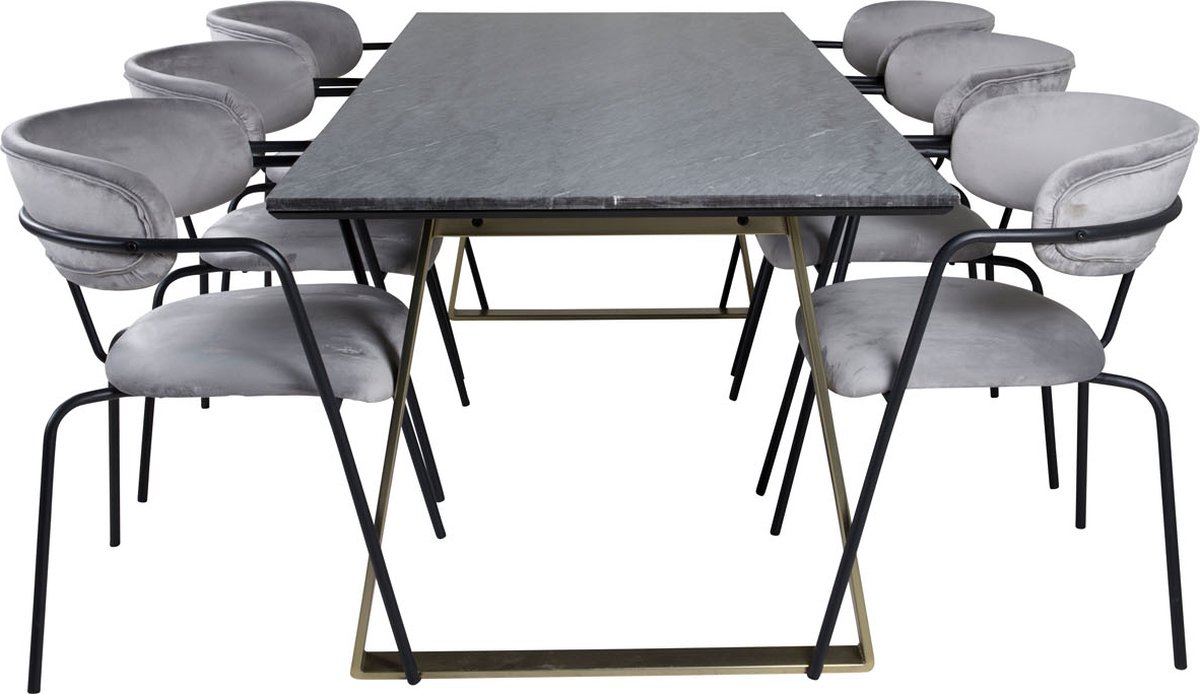 Estelleblbr Eethoek Eetkamertafel Zwart, Marmer En 6 Arrow Eetkamerstal Velours Grijs.