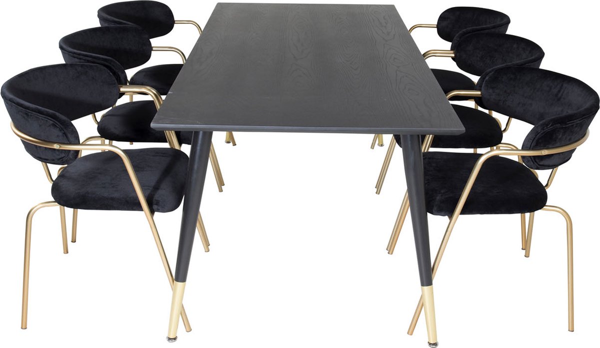 Dipp180x90blbr Eethoek Eetkamertafel Zwart En 6 Arrow Eetkamerstal Velours Zwart.