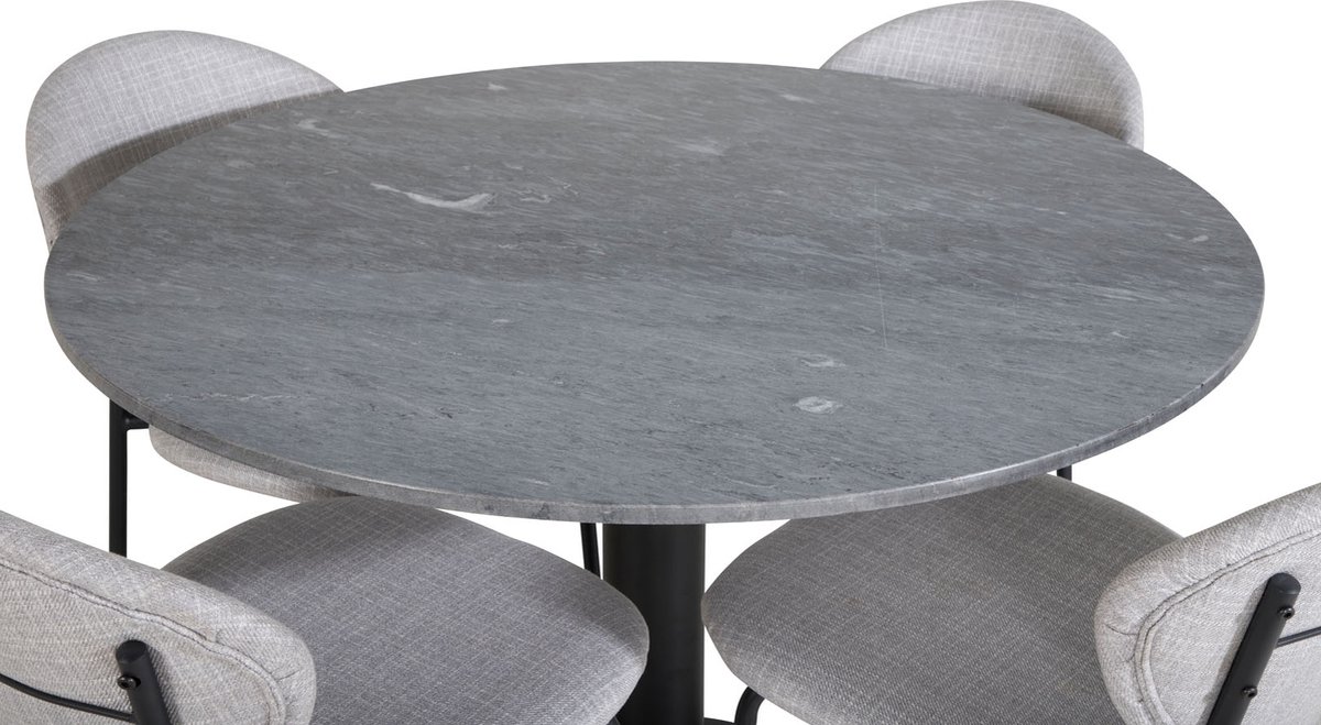Estelleø106blbl Eethoek Eetkamertafel Zwart, Marmer En 4 Vault Eetkamerstal Grijs.