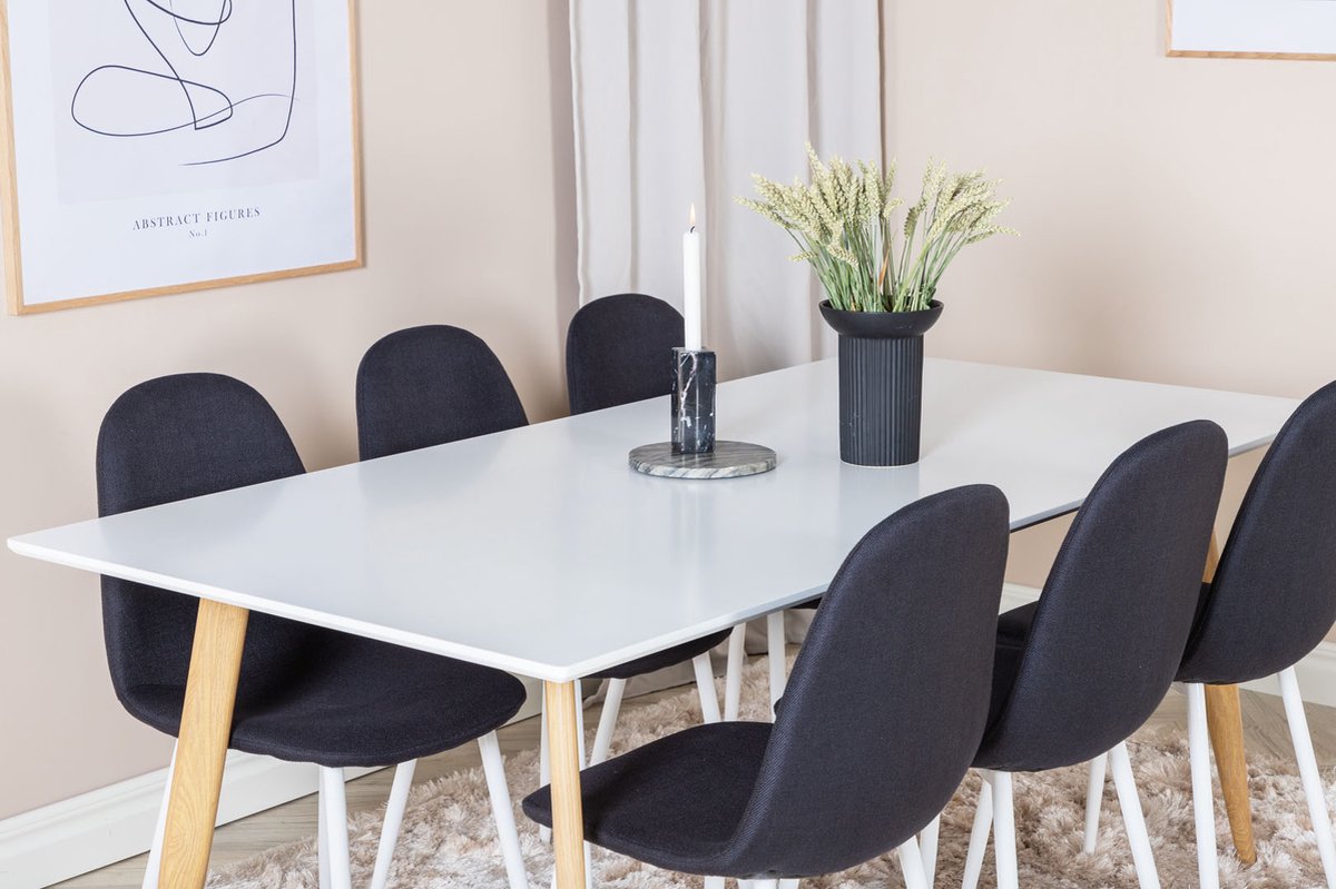 Polar180x90whna Eethoek Eetkamertafel Wit En 6 Polar Eetkamerstal Zwart, Wit.