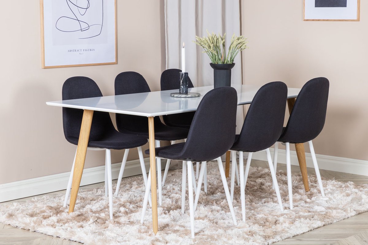 Polar180x90whna Eethoek Eetkamertafel Wit En 6 Polar Eetkamerstal Zwart, Wit.