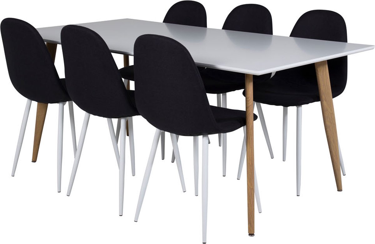 Polar180x90whna Eethoek Eetkamertafel Wit En 6 Polar Eetkamerstal Zwart, Wit.