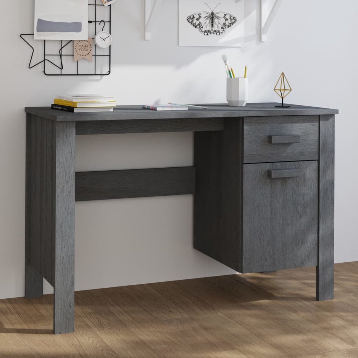 Vidaxl Bureau Hamar 113x50x75 Cm Massief Grenenhout Donker - Grijs