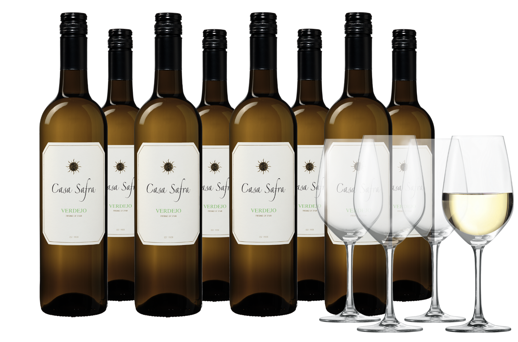 Wijnvoordeel Wijnpakket Casa Safra Verdejo 8 flessen + 4 glazen