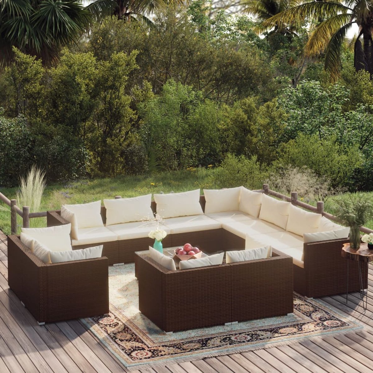 Vidaxl 12-delige Loungeset Met Kussens Poly Rattan - Bruin