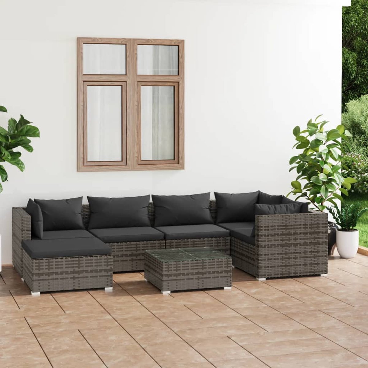 Vidaxl 7-delige Loungeset Met Kussens Poly Rattan - Grijs